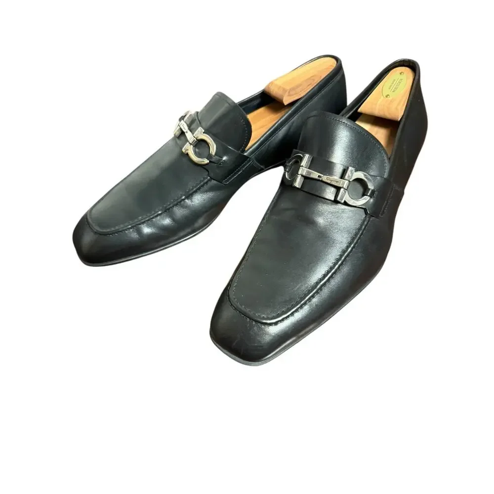 Ferragamo Black Italian Leather Gancini Bit Square Toe Slip On Dress Loafer 10.5